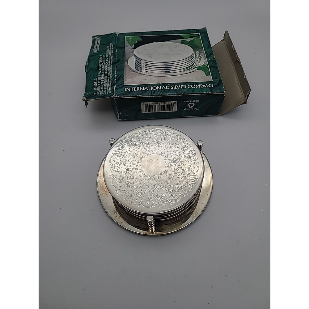 International Silver Co. Plated 7 Piece Coaster Set Coasters Holder With  Box